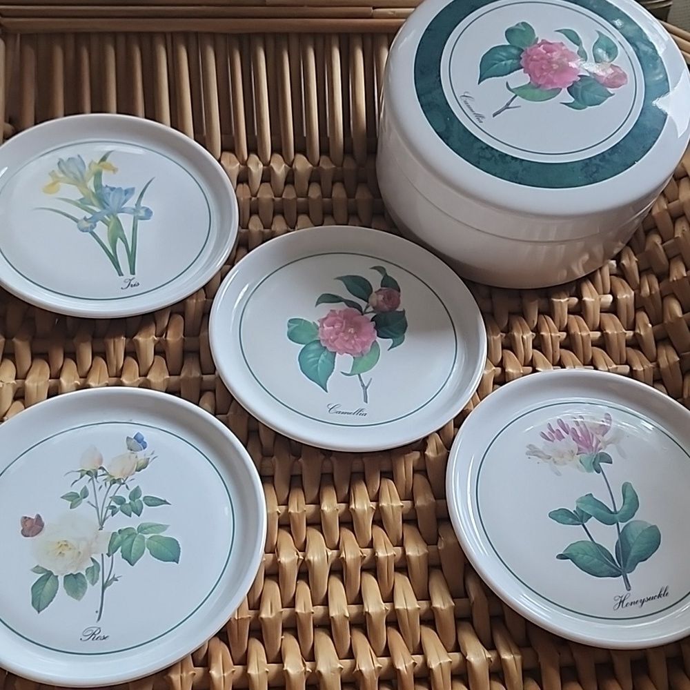 Vintage Floral Melamine Coaster Set & Caddy